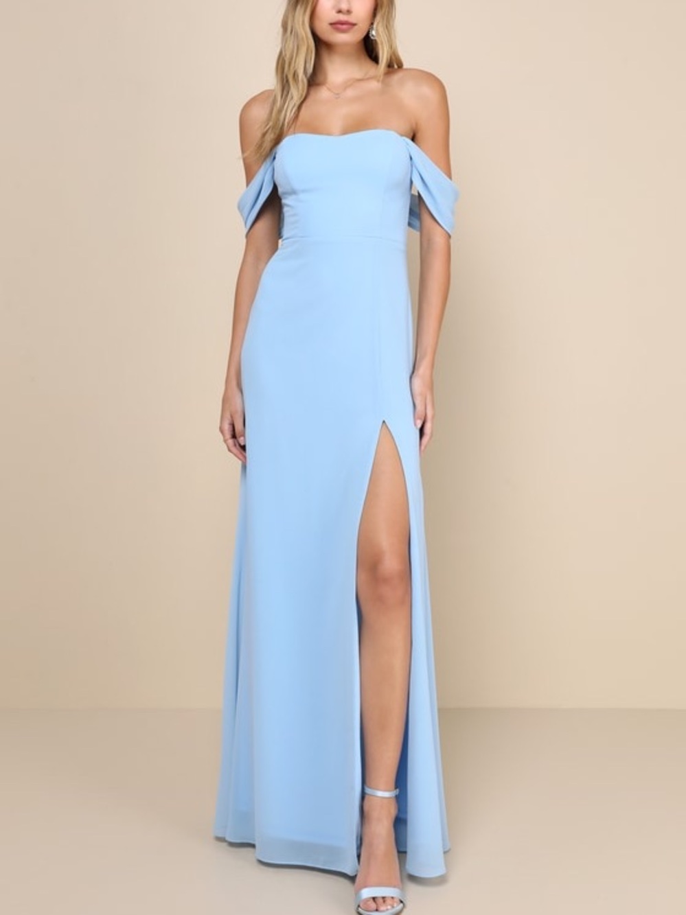 Lulu's Light Blue Off-Shoulder Maxi Dress with Thigh Slit